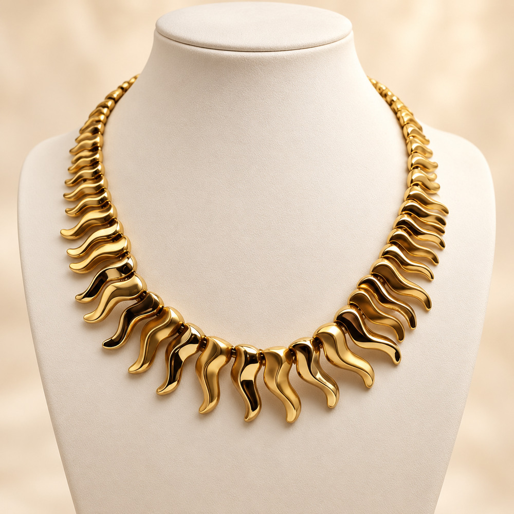 Vintage Gold Tone Sculptural Collar Necklace 14” Etruscan Revival "Monet" 1980